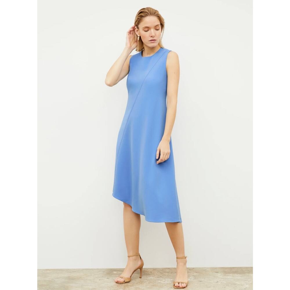 MM Lafleur Lara Crepe Midi Dress Women's 4 Asymmetrical Hem Blue Career Office